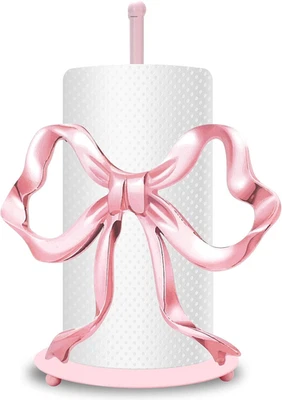 Pink Bow Paper Towel Holder Stand Cute Metal Kitchen Bathroom Countertop Decor - Image 1 of 4