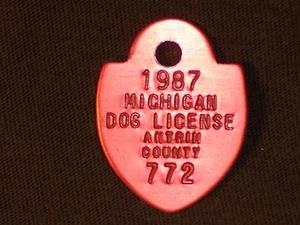 LICENCIA DE PERRO Antrim County Michigan 1987 etiqueta vintage nt12 - Imagen 1 de 1