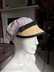 NWT LA CHAIZE GREY VISCOSE BAKER BOY CAP WITH RATTAN BRIM & BLACK RIBBON- France - Picture 1 of 12