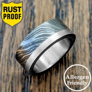 Customized Silver Steel Sleeved Damascus Ring Hand Forged Men Engagement Band - Picture 1 of 9