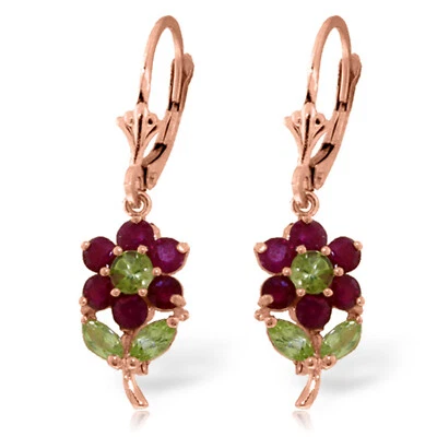 2.12 Carat 14K Solid Rose Gold Flowers Earrings Ruby Peridot - Image 1 of 4