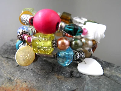 OOAK #WISH Handmade Artisan Colorful Multi-bead Memory Wire Wrap Bracelet - Image 1 of 4