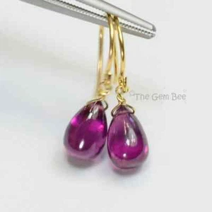 18K Solid Yellow Gold Rhodolite garnet Teardrop Briolette Earrings - Picture 1 of 6