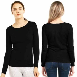 3 Women Thermal Long Sleeve Solid Waffle Knit T-Shirt Top Basic Black Size S M L - Picture 1 of 1
