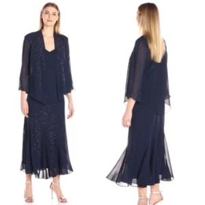 R&M Richards Damen Perlen Chiffon Jacke Kleid Marine 16 - Bild 1 von 10