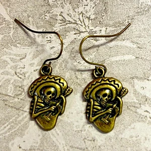 Bronze Tone Etched Day of the Dead Charm Dangle Earrings. Mexican. S361 - Picture 1 of 2