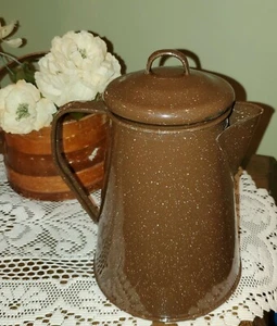 BRAUN EMAILLIERT gesprenkelt GRANITGESCHIRR KAFFEEKANNE 8" mit Deckel Vintage - Bild 1 von 6