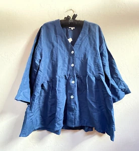 Jennifer & Grace Women V-Neck Button Down Top Large Linen Blend Blue Casual NWOT - Picture 1 of 9