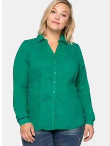 Sheego Plus Size 26 Green Collared Crinkle Look BLOUSE TOP Casual £35 - Picture 1 of 7