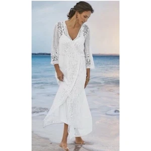 Maxi Vestido Suave Surroundings Tosca Blanco Encaje Crochet Talla XL Imitación Envolvente Forrado - Imagen 1 de 7