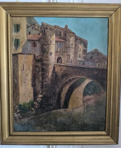 Historische Brücke von Entrevaux Öl auf Tafel signiert Senger Malerische Landschaft - Bild 1 von 24