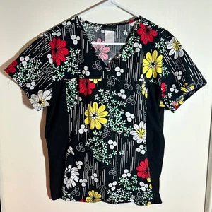 Cherokee Floral Print Scrub Top Black Colorful Flowers Size Large Women - Picture 1 of 4