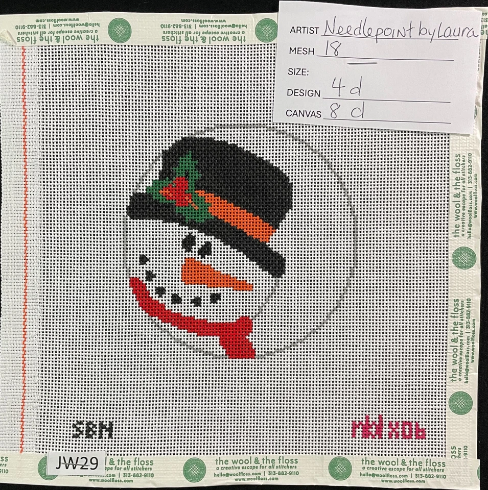HP Needlepoint 18ct NEEDLEPOINT BY LAURA Black Hat Snowman Christmas Ornmnt-JW29 - Image 1 of 1