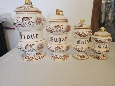 Vtg 1950s Arnart Creation Japan Brown Yellow Ceramic Canister Set - Image 1 of 4