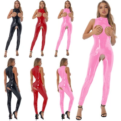 Damen Trikot Ärmellos Catsuit Schlank Overalls Clubwear Strampler Cosplay PVC - Bild 1 von 4