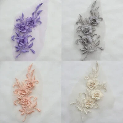 Lace Embroidery Bridal Applique 3D Flower Beaded Tulle Wedding Dress DIY - Image 1 of 4