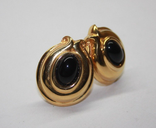 Orecchini Vintage Fendi Clip Cabochon Vetro Nero Placcato Oro [093GRA]