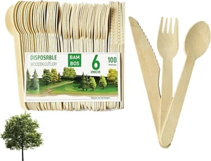 Disposable Wooden Cutlery Set – 100 Pcs 40 Forks | 40 Spoons | 20 Knives – 10... - Picture 1 of 9