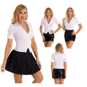 Damen Sekretärin Schule Lehrer Kostüm Dessous Button Down Shirt Minirock - Bild 1 von 32