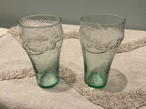 2 Vintage Coca-Cola Green Pebbled Drinking Glasses Wide Mouth Opening coke - Picture 1 of 6