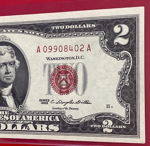 1963 $2 Dollar Bill Legal Tender Red Seal Uncirculated Cover