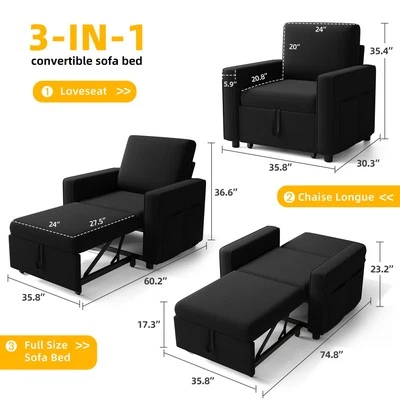 3-in-1 Sleeper Sofa Convertible Sofa with Reclining Linen Button Tufted Backrest - Image 1 of 4