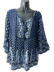 Bila Top Damen XXL blau Blumen Boho Glockenärmel U-Ausschnitt Quaste Bauernbluse - Bild 1 von 8