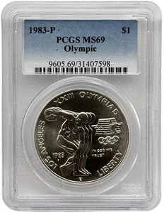 1983-P Olympic Los Angeles Silver Commemorative Dollar PCGS MS69 - Picture 1 of 2