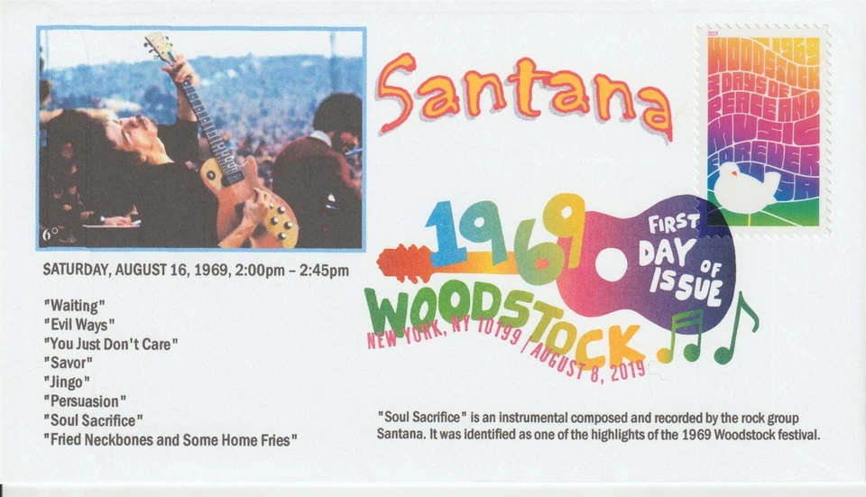 6° Cachets 5409 FDC Woodstock 1969 Peace and Music Santana w/ DCP - Image 1 of 1