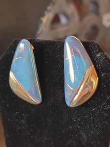 Vintage 1980's Gold Tones & Teals Enamel Pierced Earrings GUC - Picture 1 of 4