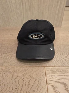 Vintage 1990s Nike Black Hat Leather Brim Cap Swoosh Big Logo Jordan - Picture 1 of 10