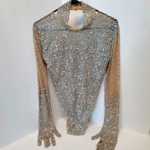 Strass Handschuh Body Turnanzug transparent Netz Stretch nude Illusion Bühne Tanz - Bild 1 von 23