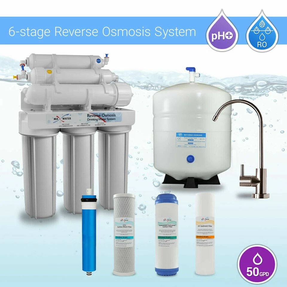 Max Water PH Alkaline Reverse Osmosis System 6 Stage 50GPD Modern Brushed Nickel - Image 1 of 4