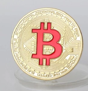 BTC Bitcoin | Decentralized Cryptocurrency | Red Coloured Gold Plated Coin - Picture 1 of 2
