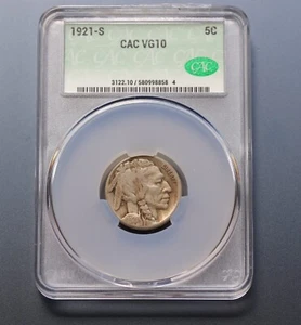 1921-S Buffalo Nickel 5C CAC VG10 Key Date Low Mintage - Picture 1 of 8