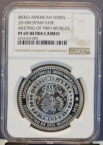 2010 SPAIN SILVER 10 EURO S10E HISTORICAL MONEY NGC PF 69 ULTRA CAMEO RARE - Picture 1 of 3