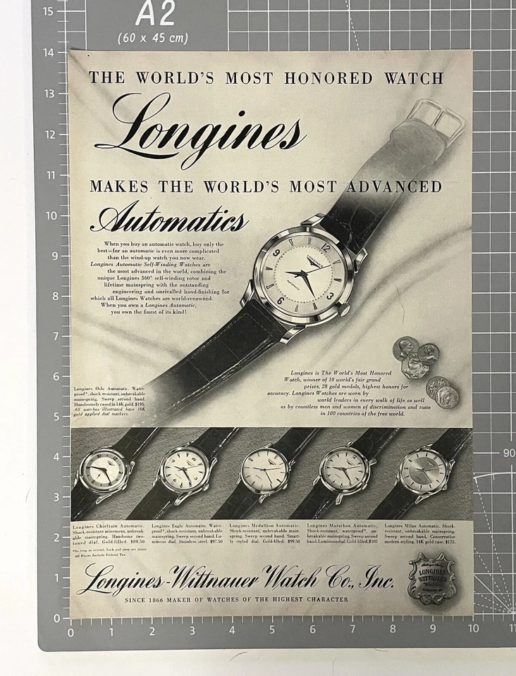 Reloj Longines Automático Vintage 1955 Anuncio Impreso Anuncio Original Años 50 Foto 1 de 1