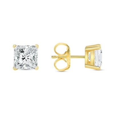 3 Ct Princess Cut Earrings Studs Real Solid 14K Yellow Gold Push Back Basket - Image 1 of 3
