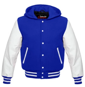 ROYAL BLUE VARSITY HOODIE LETTERMAN WOOL&REAL LEATHER JACKET - Picture 1 of 8