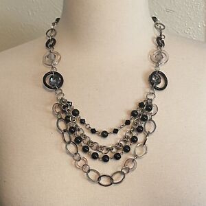 TRESKA Black and Silver Tone Layered Necklace, Treska Necklace, Vintage Necklace