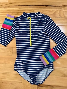 Boden Girls 13-14Y Long-Sleeve Swimsuit Navy White Stripe Swim Rashguard - Imagen 1 de 5