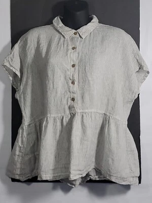 C&C California Linen Short Sleeve Peplum Top L Dolman 1/2 Button Down Pin Stripe - Image 1 of 4