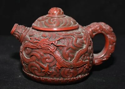 Vaso de chá 6" antigo dinastia chinesa laca vermelha madeira dragão besta vinho - Imagem 1 de 4
