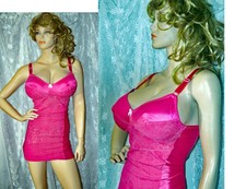 VTG 40C HOT PINK Satin Spandex Stretch Lace Bullet Shaper Bra SHORT Body Girdle
