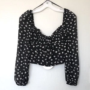 Princess Polly Camina Floral Long Sleeve Crop Top in Black & White Boho Size 4 - Picture 1 of 5
