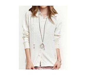 WOMEN'SJRS ROXY DISTRESSED DESTROYED BUTTON-UP WOVEN L/S SHIRT EGGSHELL NEW $47 - Picture 1 of 3