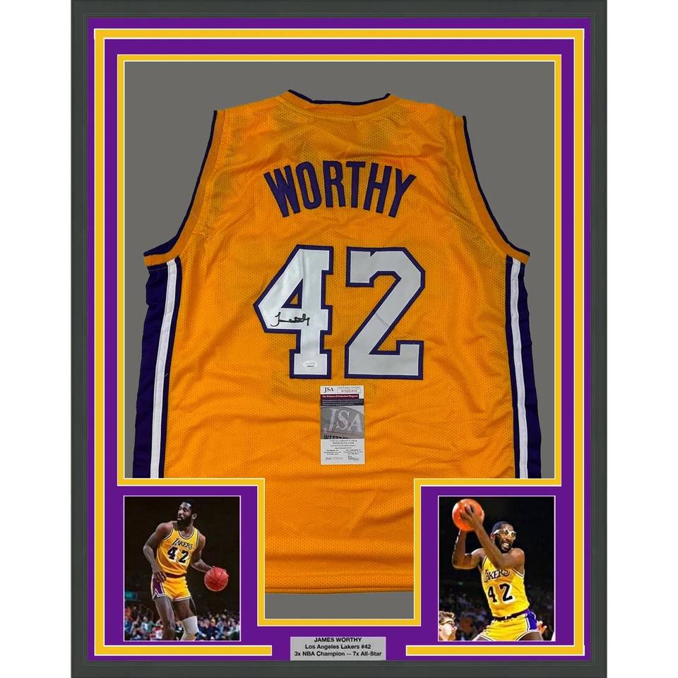 Framed Autographed/Signed James Worthy 33x42 Los Angeles Yellow Jersey JSA COA - Image 1 of 2