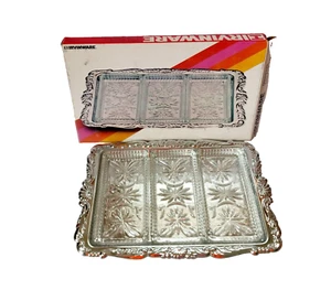 Vintage Irwingware Chrome Serving Tray 3 Dish Glass Inserts Divided Meat Cheese - Picture 1 of 8