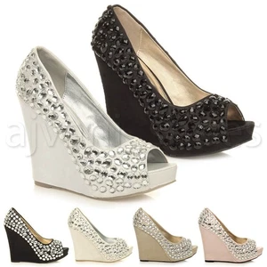 Damen Hochzeit Abend Edelsteine Hochkeilabsatz Sandalen Peep Toe Schuhe Größe - Bild 1 von 17