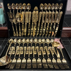 WM Rogers & Son Posate Rosa Incantata Placcate Oro 12 Setzioni - 63 Pezzi Vintage - Foto 1 di 14